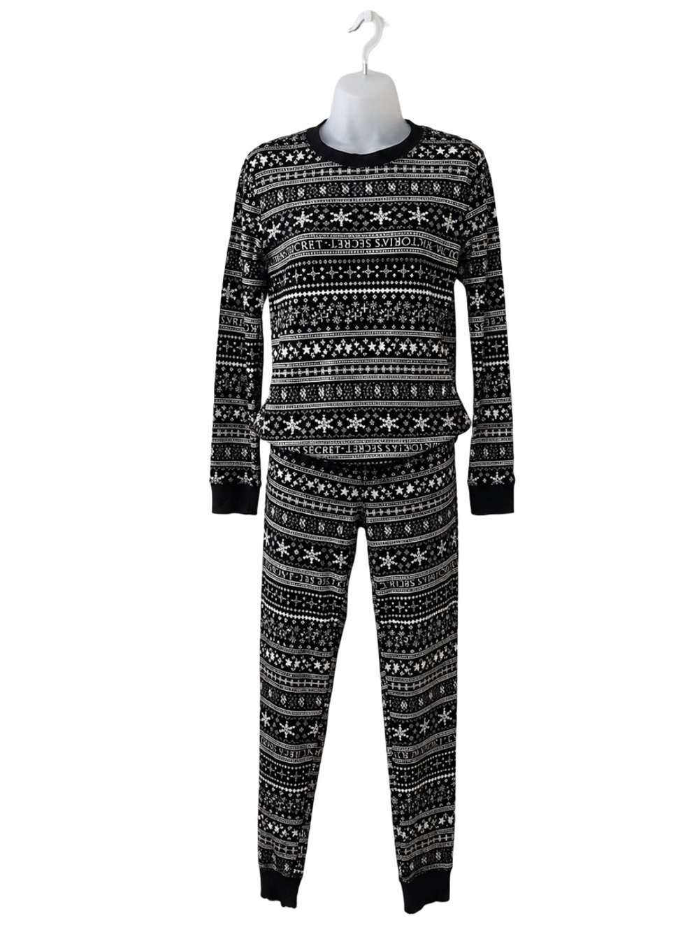 NWT Victoria’s Secret Black Fair Isle Thermal Pajama Set Women Cozy Sleepwear S